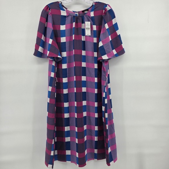 Ann Taylor Dresses & Skirts - Ann Taylor Factory Dress Large Purple Plaid Flutter Sleeve Eclectic Shift